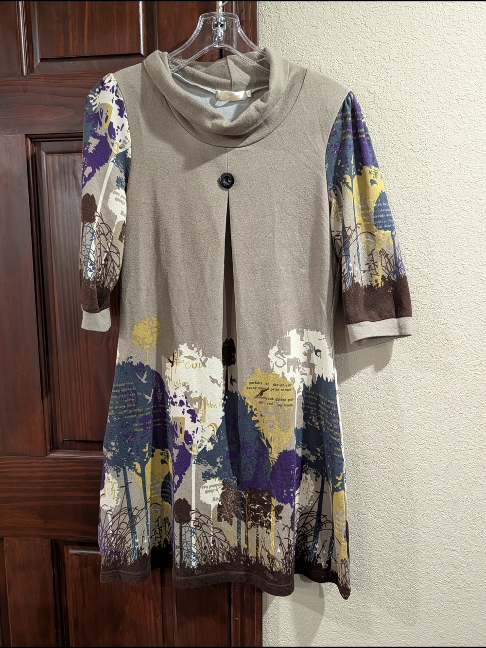Womens Taupe Floral Print A-Line Dress with Button Detail